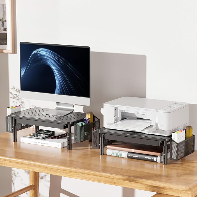 WALI Computer Monitor Stand with Storage, Desk Organizer with Drawer and Pen Holder, Desk Monitor Riser 3 Height Adjustable, Laptop Riser for Computer, Laptop, Printer (STT003DH-B), 1 Pack, Black-DeskLoop Office