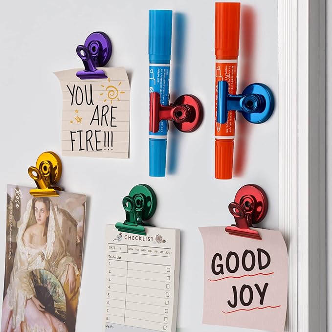 FINDMAG 12 Pack Magnetic Clips for Photo Display and Picture Hanging, Strong Fridge Magnets, Scratch-Free Heavy Duty Magnet Clips for Whiteboard, Kitchen, Office, School, Purple, 30mm Wide.-DeskLoop Office