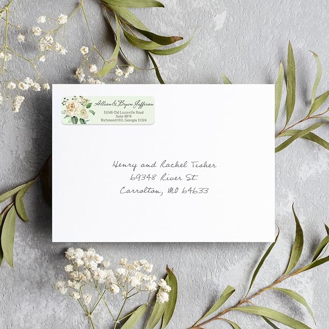 Green Watercolor Floral Rolled Address Labels / 500 Personalized Return Address Labels/Designer Address Stickers in Elegant Plastic Dispenser-DeskLoop Office
