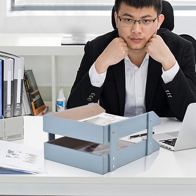 Leather Desk Letter Tray,Office Supplies Paper Organizer for Mail Paper Files Magazines Jewelry Cosmetics,Fashion Letter Holder& 2-Tier Multipurpos Stackable Office Desktop Storage Box,Grey-DeskLoop Office