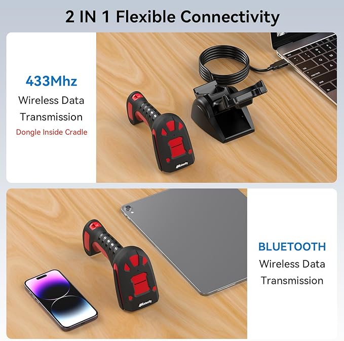Alacrity Long-Range Scanning Industrial Barcode Scanner, 1D/2D Symbologies, Wireless Charging, Long-Distance 433MHz Wireless & Bluetooth Connectivity, Shock and Dust-Proof Barcode Reader, Green-DeskLoop Office