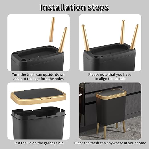 Procade 2Pack Trash Can with Lid, Modern Bedroom Garbage Can with Gold Edge, Slim Kitchen Garbage Bin,4 Gallon Trash Bin Plastic Waste can for Office, Living Room,Toilet,Bathroom (Black+White)