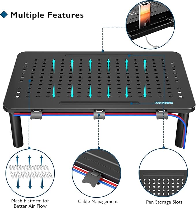 BONTEC 2 Pack Adjustable Monitor Stand Riser with Drawer, Ergonomic Mesh Platform for Laptop, PC, iMac, Printer, Supports up to 44 lbs/20kg with Cable Management Included-DeskLoop Office