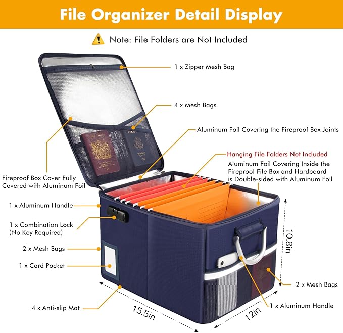 TOMKID 5200°F Fireproof Document Box, Fire Important Document Organizer with Lock, Upgraded Heat Insulated Filing Storage Cabinet Office Organization (5200°F Fireproof Box, Blue)-DeskLoop Office