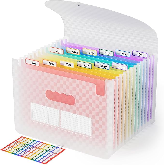 ABC life 12 Pockets Accordion File Organizer Expanding File Folders, Portable Monthly Bill Receipt Document Organizer, Expandable Accordian Filing Folder Letter A4 Size, Colored Tabs (Pink)-DeskLoop Office