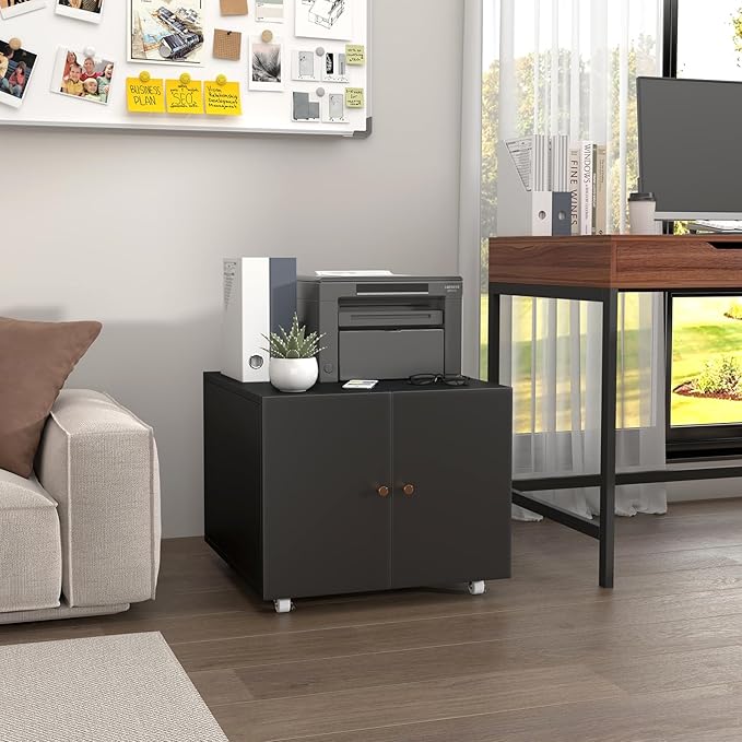 Small Space Printer Stand with Doors, Mini Fridge Stand for Laundry, 3D Printer Stand with Storage, Low Printer Table, Modern Under Desk for Home Office, Small Carts for Scanner, Fax-DeskLoop Office