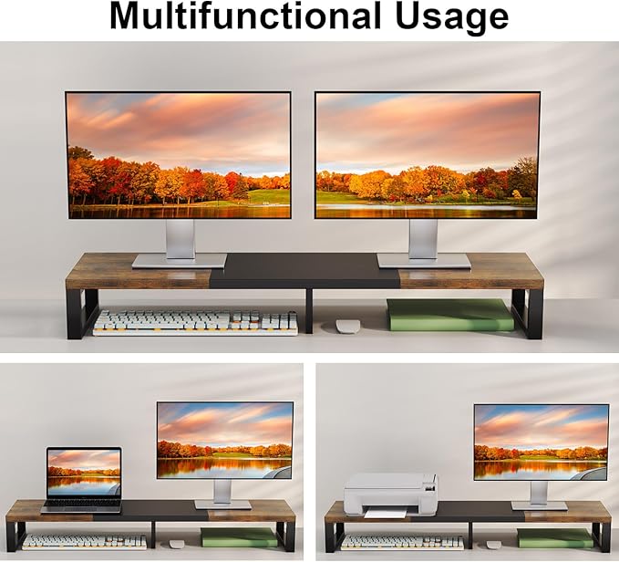 Zimilar Dual Monitor Stand Riser, Large Monitor Stand for Desk, Wood Monitor Riser with Storage Organizer for Home Office, Monitor Stands for 2 Monitors, Desktop Wooden Monitor Riser for Computer-DeskLoop Office