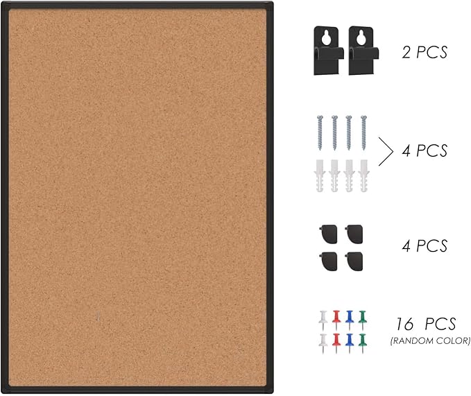 Board2by Cork Board Bulletin Board 24“ x 18”, Black Wood Framed Corkboard, Office Board for Wall Cork, Large Wall Mounted Notice Pin Board with 16 Push Pins for School, Home & Office-DeskLoop Office