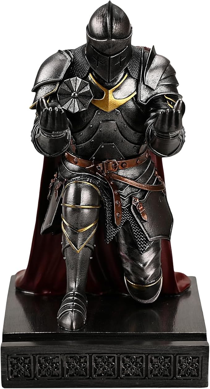 Medieval Armored Warrior Wearing Outerwear, Mobile Phone Stand Knight Pen Holder Desk Organizers, Resin Bookends Paperweight with a Letter Opener for Desk (Iron)-DeskLoop Office