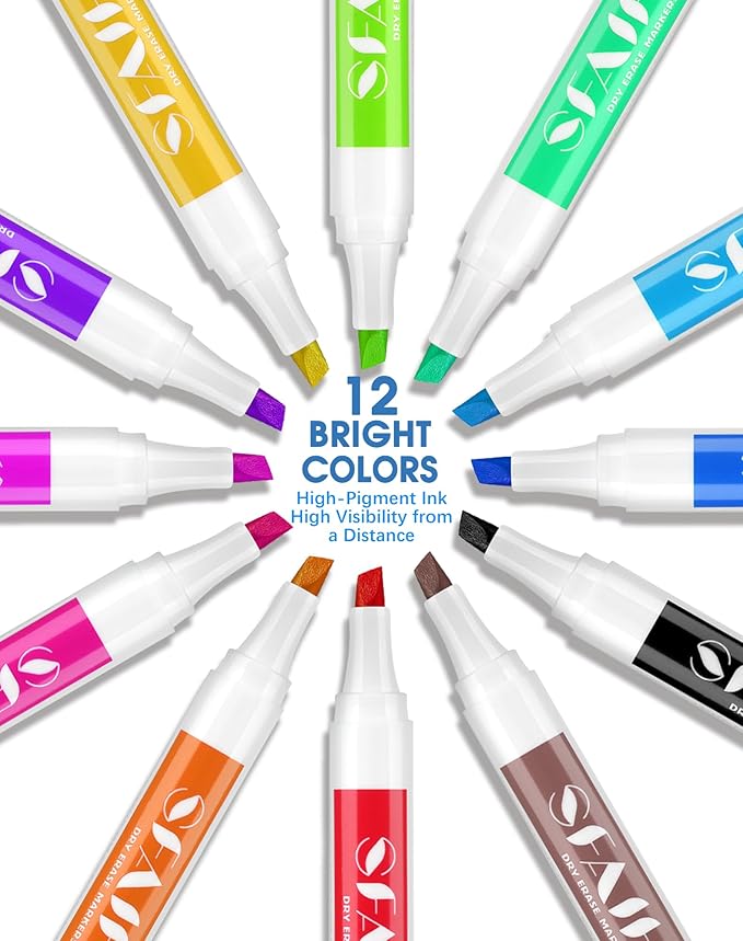 SFAIH Dry Erase Markers Chisel Tip with Magnetic Whiteboard Eraser, 48 Bulk 12 Assorted Colors White Board Markers for Teachers, Versatile Lines, 1s Quickly Dry, Perfect for Classroom and Office-DeskLoop Office