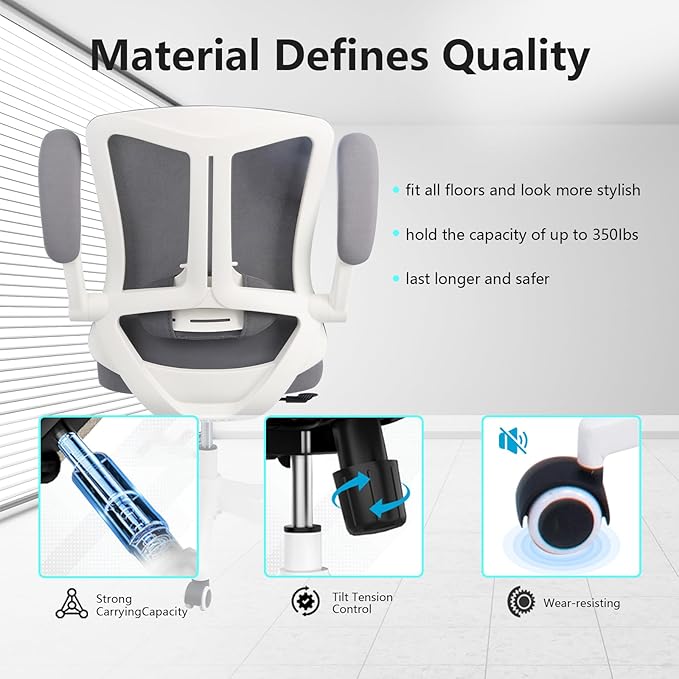 Ergonomic Comfort Home Desk Office Chair, Mid Back Computer Gaming Chair with Wheels, Adjustable Height, Lumbar Support, Flip-up Armrest with 350LBS Capacity (White Grey)-DeskLoop Office