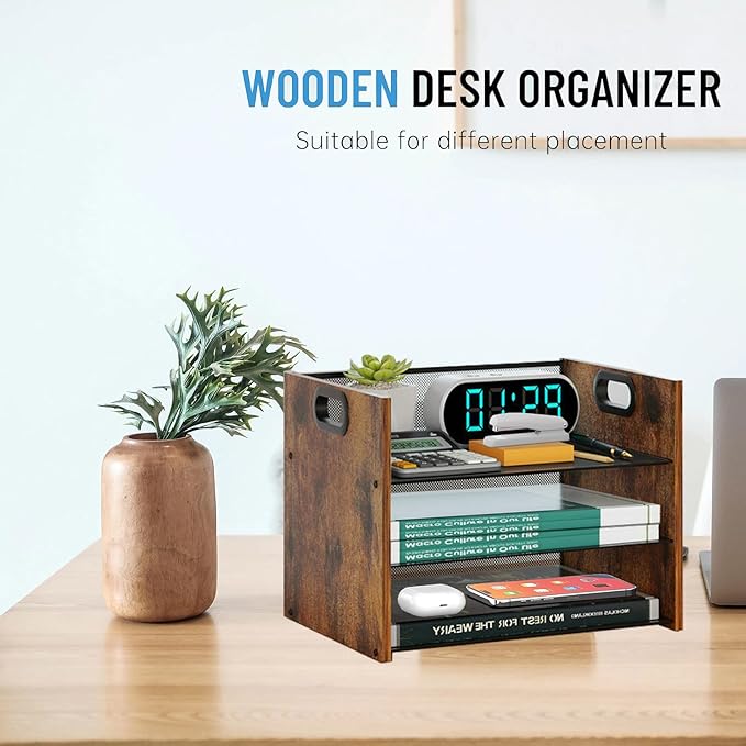 Wood Desk Organizer - 3-Tier Desktop File Organizer, Wooden Paper Tray, Office Desk Organzier and Accessories for Papers, Mail, Notebooks, Stationery-DeskLoop Office