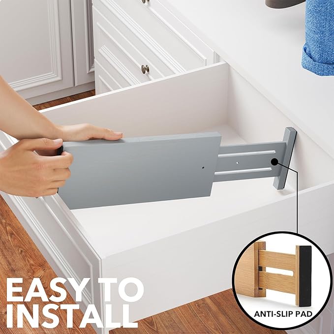 SpaceAid Bamboo Dresser Drawer Dividers 6 Pack, 4.65“ High Adjustable 12.5“-17” Drawer Organizers, Expandable Organization for Clothing, Clothes, Dressers, Gray-DeskLoop Office