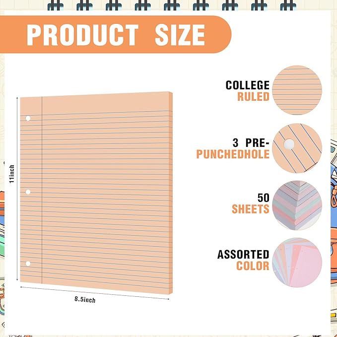PerKoop 400 Sheets Colored Loose Leaf Paper 8.5" x 11" college ruled Lined 3 Hole Punched notebook Filler Paper for 3 Ring Binders Office School Supplies (Fantasy Color)-DeskLoop Office