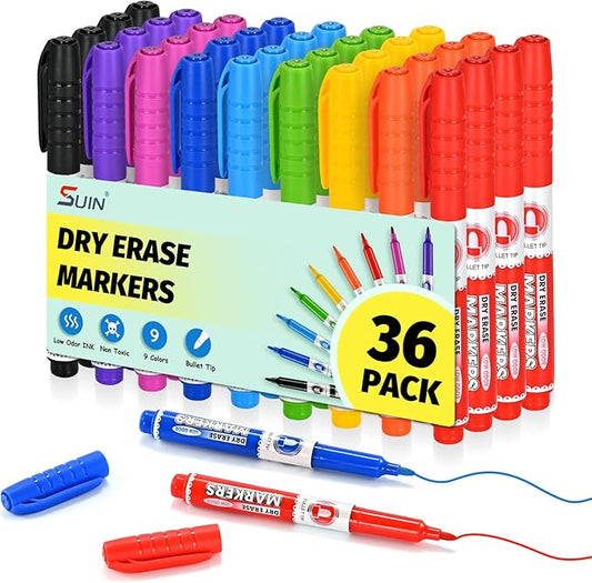 SUIN 9 Colors Dry Erase Markers - Low Odor, Non-Toxic, Slim Whiteboard Bullet Tip markers, Medium Fine Tip Whiteboard Pens for Kids, Office, Classroom & Home 36 Count-DeskLoop Office