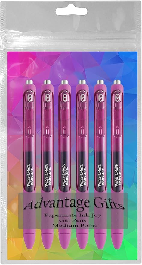 Paper Mate InkJoy Gel Pens, Berry Ink, Medium Point (0.7mm), 6 Count, Bundle with Plastic Reusable Pouch-DeskLoop Office