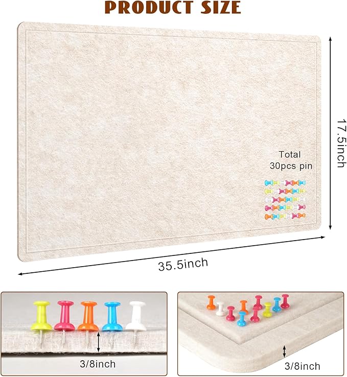 Bulletin Board - 35 x 17.5 inches Decorative Felt Pin Board - Cork Board Alternative for Wall - Foldable Photo Board Self-Adhesive Prayer Board with 20 Pushpins - Oatmeal-DeskLoop Office