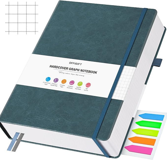 Graph Paper Notebook, 312 Numbered Pages B5 Hardcover Leather Journal, 100gsm No Bleed Grid Paper Notebook with Index Pages, Grid Notebook for Graphing Notes Math, 7.6'' X 10'', Grey Blue-DeskLoop Office