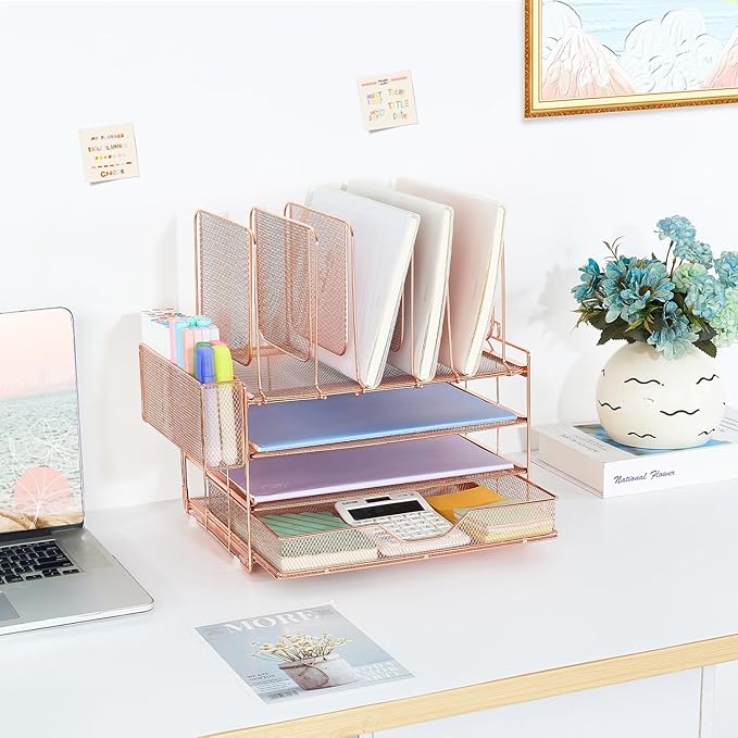 Desk Organizer with 5 Vertical File Holders, 3-Tier Paper Organizer and Drawer, Desk Accessories in Rose Gold-DeskLoop Office