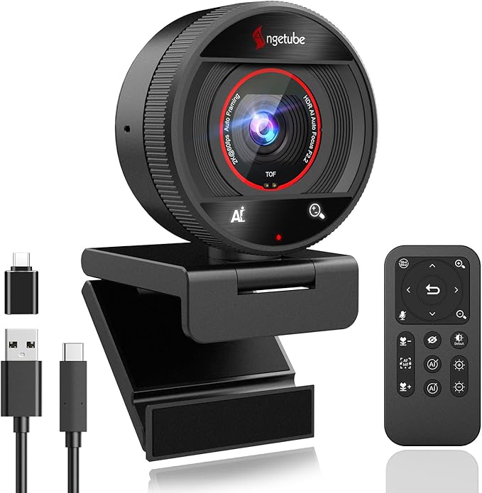 Angetube AI Webcam for PC - 1080p/2K@60FPS HD Web Camera with Remote Control, 8X Digital Zoom Webcam, Privacy Cover, TOF Auto Focus, HDR, USB 3.0 Web Cam Work with Zoom, Skype,Teams, Windows,Mac-DeskLoop Office