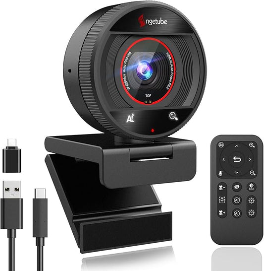 Angetube AI Webcam for PC - 1080p/2K@60FPS HD Web Camera with Remote Control, 8X Digital Zoom Webcam, Privacy Cover, TOF Auto Focus, HDR, USB 3.0 Web Cam Work with Zoom, Skype,Teams, Windows,Mac-DeskLoop Office