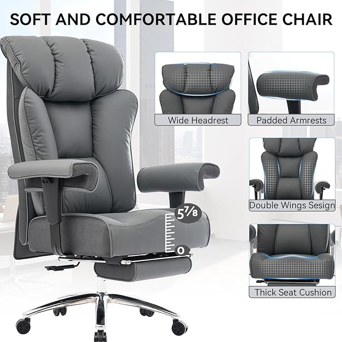Efomao Big and Tall Office Chair 450LBS with Foot Rest, High Back PU Leather Executive Chair with Adjustable Padded Armrests, Lumbar Support for Home or Work, Heavy Duty Computer Chair, Grey-DeskLoop Office