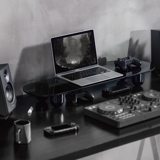 Fenge Monitor Stand Riser, 34 Inch Dual Monitor Riser for Large Monitors, Desk Organizer with Glass Shelf & Solid Wood Legs, Computer Stand for Laptop, TV, PC, Printer, Black-DeskLoop Office