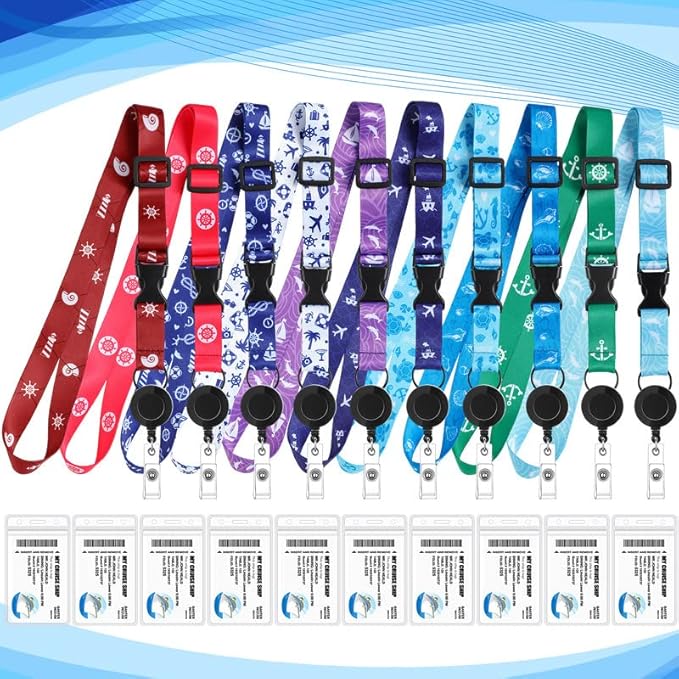 10 Sets Cruise Lanyards Retractable Carnival Adjustable Lanyard with ID Holder Detachable Badge Clip for Cruise Ship Cards(Fresh Style)