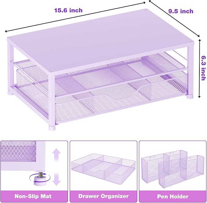 Desk Organizers and Accessories, 2-Tier Computer Monitor Stand Riser with Drawer and 2 Pen Holders, Laptop Stand, Office Desk Accessories for Office Supplies, Purple-DeskLoop Office