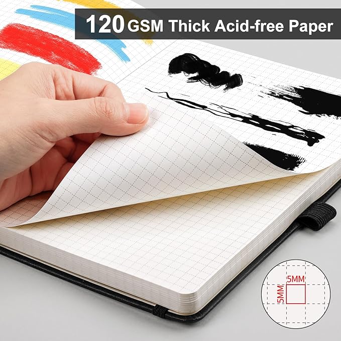 AHGXG Graph Paper Notebook - Grid Notebook Journal A5, 120 GSM Thick Graph Paper, 160 Pages, Leather Hardcover, for Graphing, Writing, Math, Engineering, 5.75'' × 8.38''- Black-DeskLoop Office