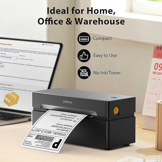 POLONO Bluetooth Thermal Shipping Label Printer, Wireless 4x6 Shipping Label Printer for Small Business, Support iOS, Android, Windows and Mac, Compatible with Amazon, Ebay, Shopify, Etsy, USPS(Brown)-DeskLoop Office