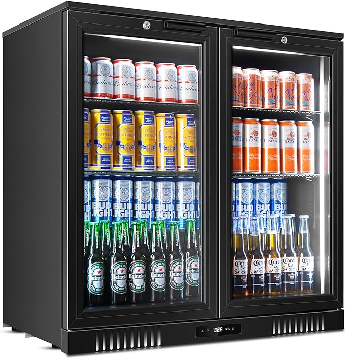 Tylza Back Bar Cooler With 2 Glass Doors, 7.2 Cu.Ft Under Counter Back Bar Refrigerator with LED Lighting, Safety Locks, Counter Height Bar Beverage Cooler for Beer, Soda Drinks, Wine, Black-DeskLoop Office