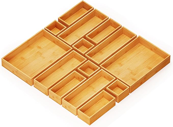 SpaceAid 14-Piece Bamboo Drawer Organizer Storage Boxes Set, Wood Tray Junk Drawer Organizers Multi-Use Divider Bins for Kitchen, Bathroom, Office Desk and Makeup Organization (14 Pack, Natural)-DeskLoop Office