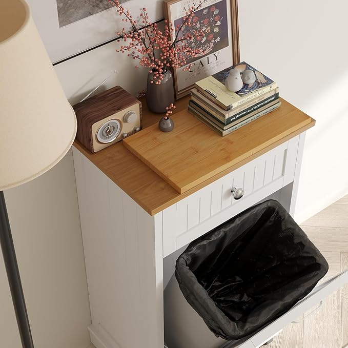 10 Gallon Tilt Out Trash Cabinet, Wooden Kitchen Trash Can Cabinet with Hideaway Drawer, Freestanding Laundry Hamper Garbage Recycling Cabinet on Wheels, Pet Proof, Single, White-DeskLoop Office
