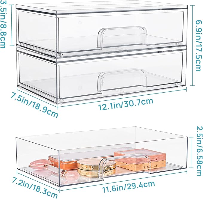 Vtopmart 12.1''W Clear Stackable Storage Drawers,4 Pack Acrylic Plastic Organizers Bins for Makeup Palettes, Cosmetics, and Beauty Supplies,Ideal for Vanity, Bathroom,Cabinet,Desk Organization-DeskLoop Office