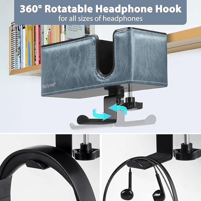 Desk Cup Holder Clip on Pen Holder Headphone Hanger Headset Stand Rotatable Clamp Hook Under Desk (Sky Blue)-DeskLoop Office