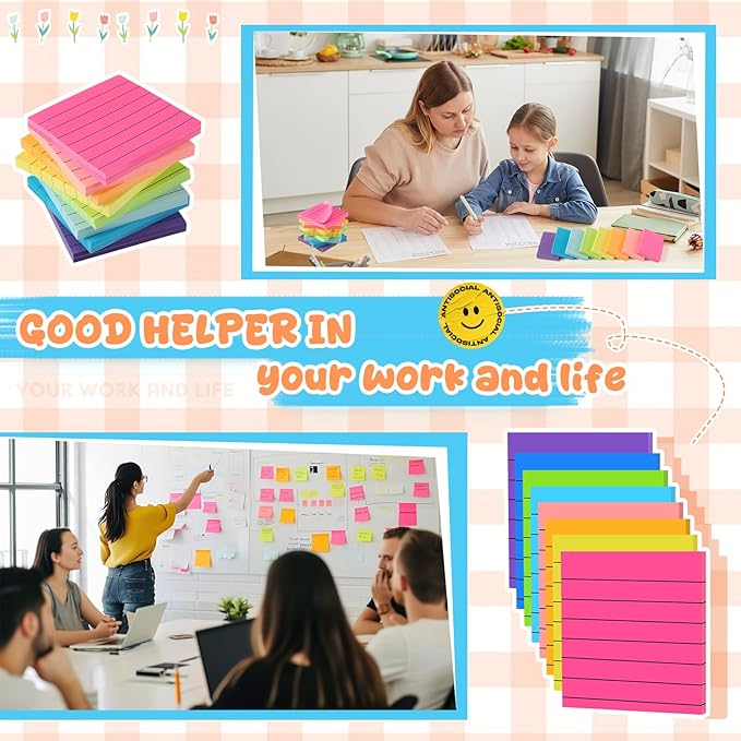Leinuosen 64 Pack Lined Sticky Notes Self Stick Notes with Lines Bright Assorted Colors Sticky Pad for Home Office Products Post Memos, 2560 Sheets-DeskLoop Office