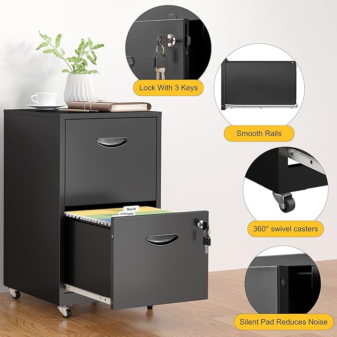 2 Drawer File Cabinet with Lock,Black Rolling File Cabinet for Home Office, Metal Small Mobile Filing Cabinets on Wheels for Hanging Letter