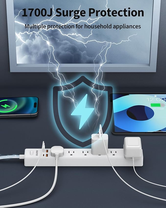 10 Ft Power Strip Surge Protector - 7 Outlets 4 USB Ports (2 USB C), Ultra Thin Flat Extension Cord & Flat Plug, 1700 Joules, Wall Mount, Desk Charging Station for Home Office Dorm, White-DeskLoop Office