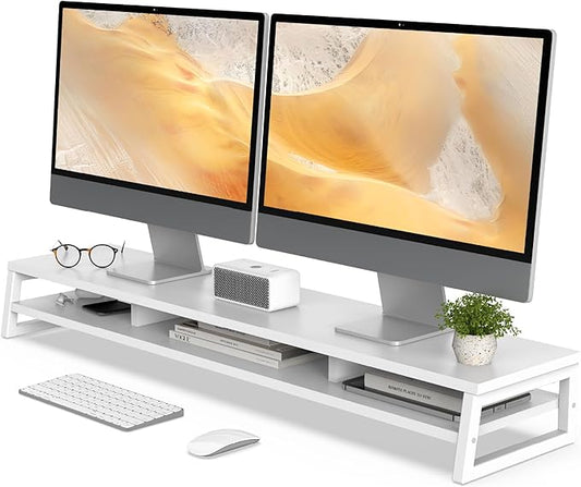Fenge Dual Monitor Stand for Desk, 42.5in Large Monitor Riser for 2 Monitors, 2 Tier Computer Office Desk Top Shelf, Desktop Storage Stand for Laptop, PC, Computer, Printer-DeskLoop Office