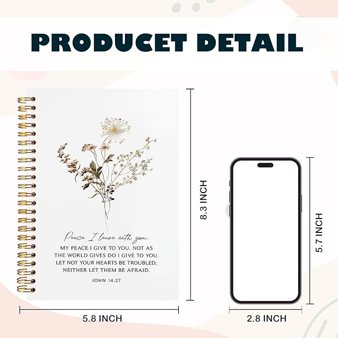 BearCake Peace I Leave with You Floral Christian Notebook Journal, Christian Gifts for Women, Bible Notebooks for Note Taking, Bible Journaling Notebook, Hardcover Spiral Notebook 5.5x8.3-DeskLoop Office