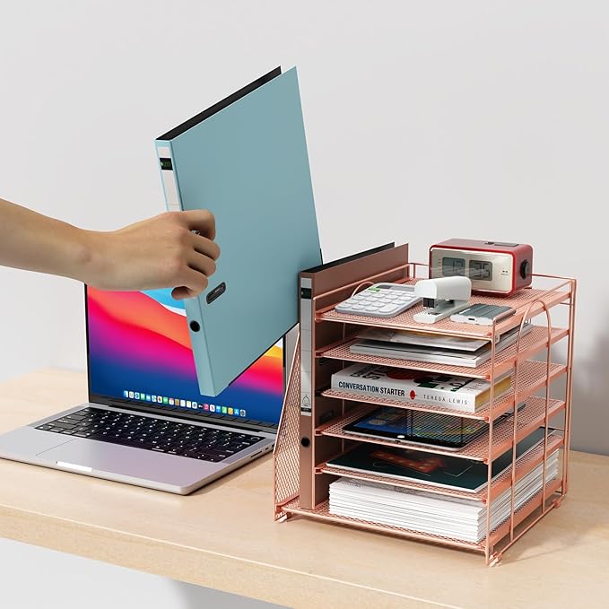 Gianotter Desk Organizer for Women, 6-Tier Paper Organizer with Magazine Rack, Office Desk Decor, Office Supplies (Rose Gold)-DeskLoop Office