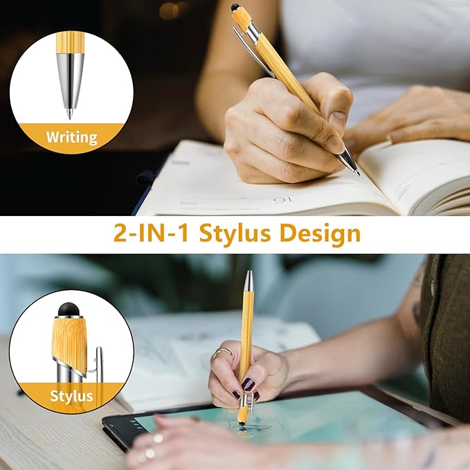 Bamboo Personalized Pens Bulk with Stylus - Custom Logo/Name, 12 Pack Ballpoint Pens - Student & Teacher Bulk Gifts, Corporate Giveaways, Back to School Supplies - Black Ink-DeskLoop Office