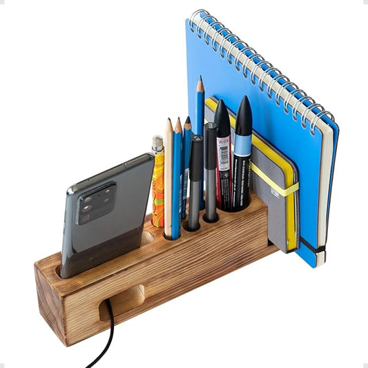 Hoffenwell Wooden Desk Organizer with Phone Holder – Stylish & Functional Book, Pen and Cell Phone Charging Stand - Solid Wood Pen Holder for Desk-DeskLoop Office