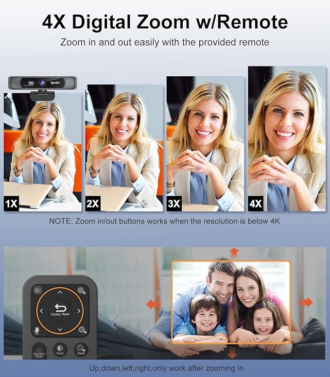 Spedal 4K UHD Webcam with Built-in AI Noise Reduction Dual Microphones,120° Wide Angle Zoomable Webcam with Remote and Software Control for Conferencing/Streaming/Online Teaching/Video Calling-DeskLoop Office