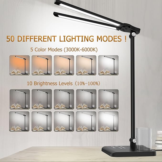Dimmable LED Desk Lamp with USB Charging Port, 50 Lighting Modes Dual Swing Arm Architect Table Lamp Light Desk Lamp for Home Office Dorm Piano Nail-DeskLoop Office