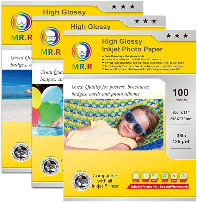 MR.R Single Side High Glossy Inkjet Photo Paper Letter Size 8.5"x11" with 100 sheets per pack 135gsm 35LB-DeskLoop Office