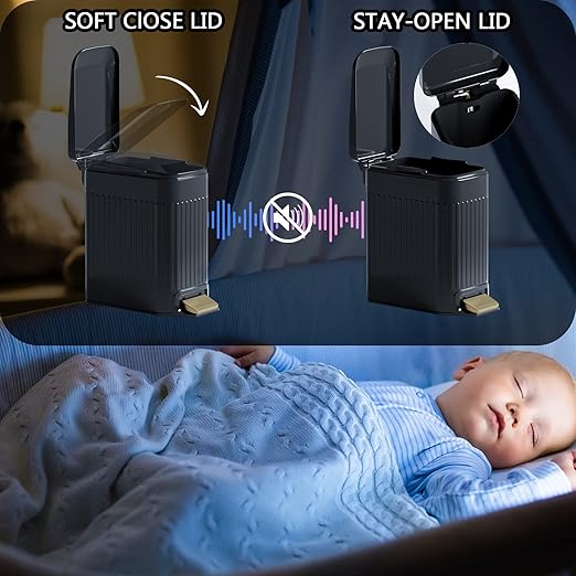 Small Bathroom Trash Can with Lid Soft Close-6L/1.6 Gal Slim Step Garbage Can-Metal Pedal Wastebasket-Narrow Rectangle Garbage Container Bin for Corner Office, Bedroom, Toilet, Live Room-Black-DeskLoop Office