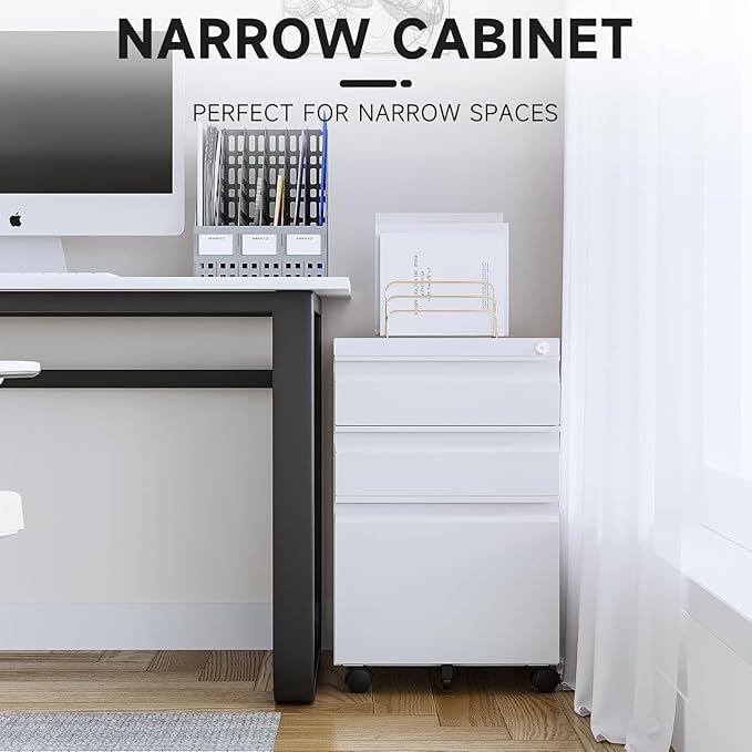Letaya 3 Drawer Mobile File Cabinet with Lock, Under Desk Metal Rolling Filing Cabinets for Home Office Organizer Letters/Legal/A4 (White- Requires Installation) (White)-DeskLoop Office