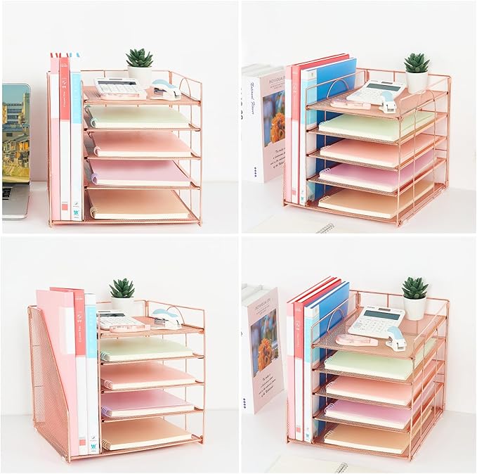 Desk Organizers and Accessories, 5-Tier Paper Letter Tray Organizer with File Holder, Desktop Organizer for Office Supplies, Office Desk Accessories & Workspace (Rose Gold)-DeskLoop Office